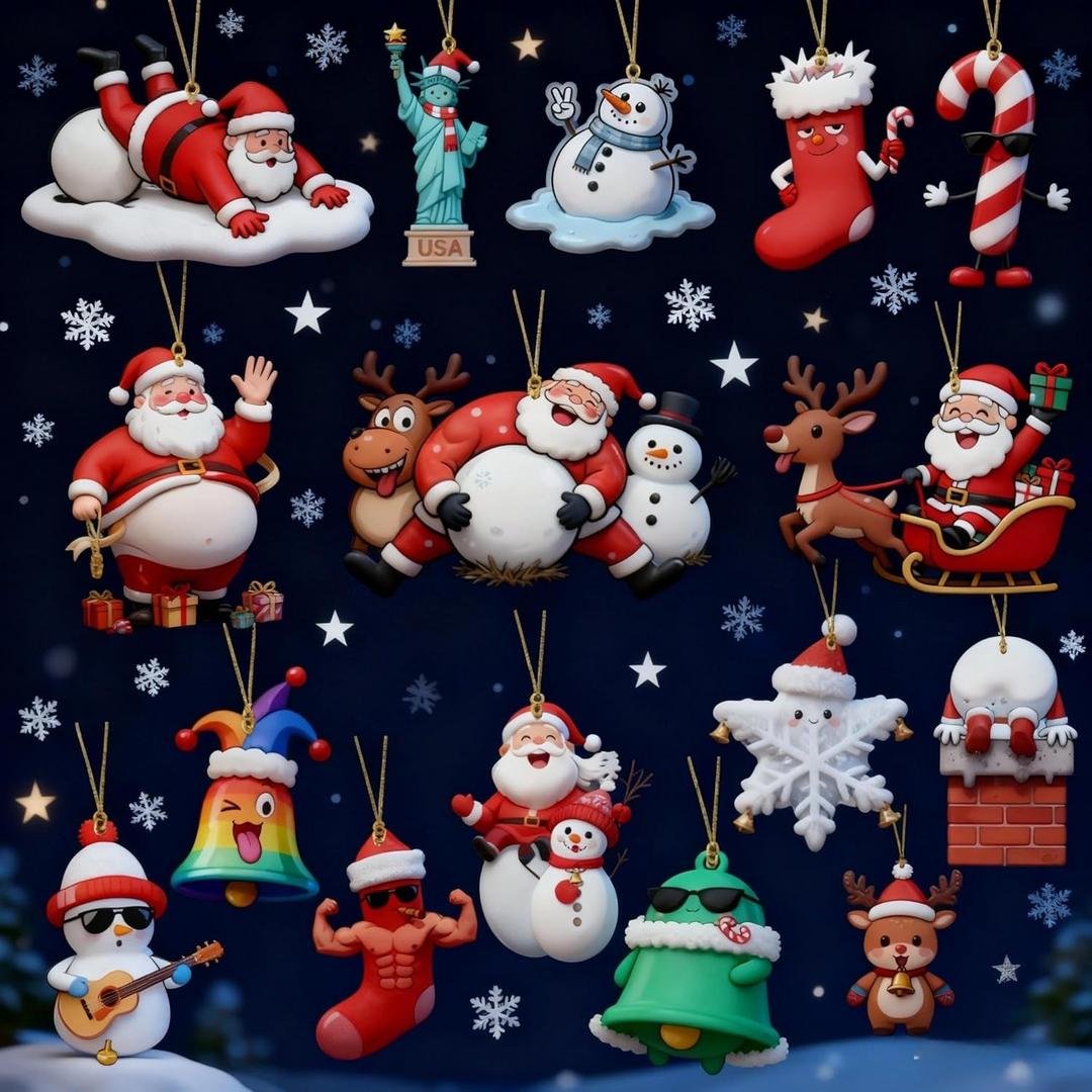 16 Pcs Funny Christmas Pendants, Cute Christmas Tree Ornaments,Santa Claus, Mrs. Claus, Reindeer, Stocking, Snowman, Snowflake, Bell, Etc., for Christmas Trees, Rooms, Windows, Rearview Mirrors