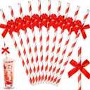 Potchen 50 Pcs Bow Straws Bulk Disposable Paper Bow Striped Drinking Straws for Graduations Cake Decorations Birthday Bridal Shower Wedding Bachelorette Baby Shower Party Supplies (Red)