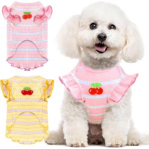 2 Pack Striped Small Dog T Shirt Cute Cherry Girl Dog Clothes for Small Dogs Cats Breathable Soft Cotton Pet Puppy Sleeveless Vest Spring Summer Pet OutfitsPink+Yellow,X-Large