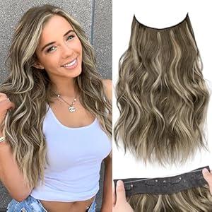 KooKaStyle Invisible Wire Hair Extensions with Transparent Headband Adjustable Size 4 Secure Clips Long Wavy Secret Wire Hairpiece 16 Inch 18H24#Medium Brown Ash Blonde for Women