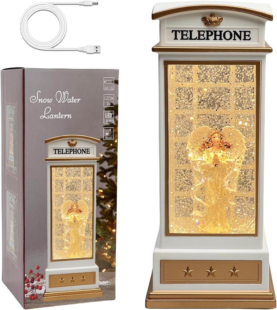Christmas Snow Globe Lantern - Angel Scene Water Lanterns with Lights and Glitter - White Telephone Booth Decoration - USB or Battery Powered Musical Box for Adults Girls (Angel)