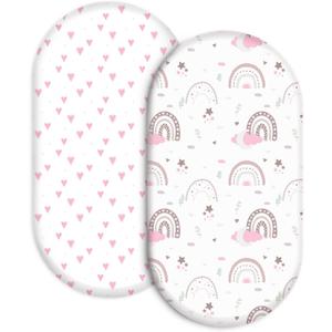 Bassinet Sheets 2-Pack for Newborn Baby Boy and Girl Gender Neutral, Soft Breathable Elastic Sheets, Universal Fit Flexible for Rectangle Round Oval Hourglass Bassinet Mattress/Pad (32*16*3 inch, Rainbow Hugs (Pink))