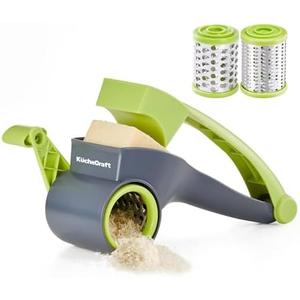KucheCraft Cheese Grater with Handle, Kitchen Parmesan Cheese Grater with 2 Stainless Steel Drums, Rotary Cheese Grater Handheld for Grating and Shredding Hard Cheese, Chocolate, Medium, Green