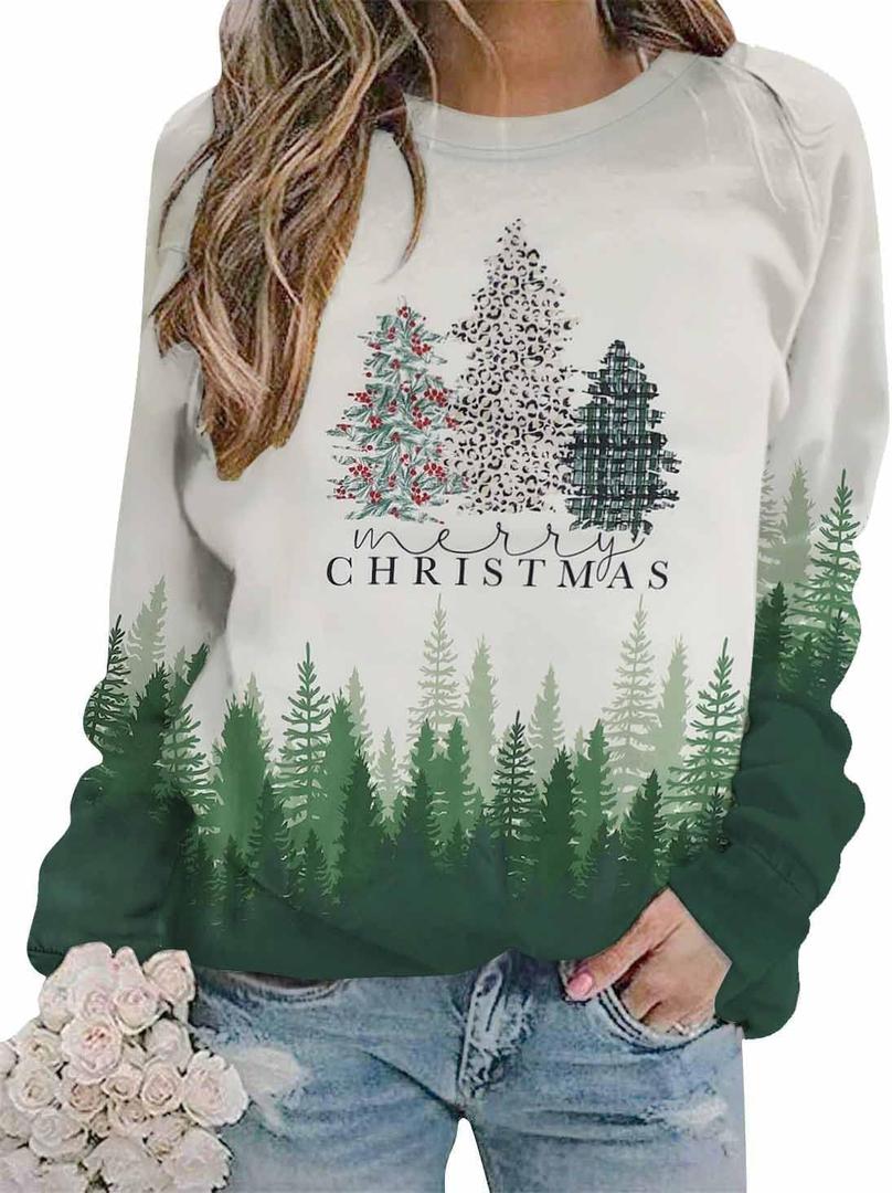 ASTANFY Merry Christmas Sweatshirt for Women Plaid Holiday Long Sleeve Tree Pullover Lightweight Shirt (White, XXL)