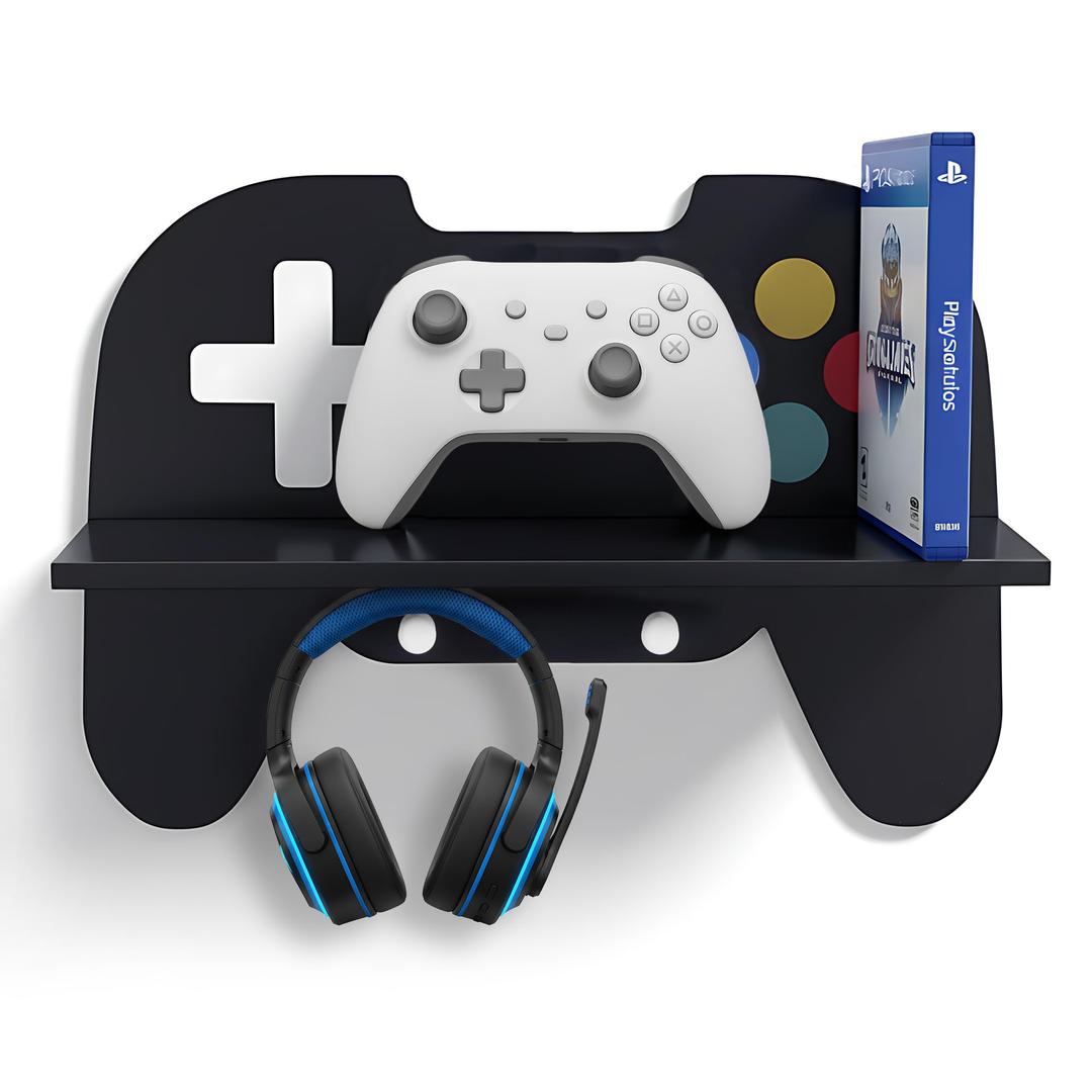 Game Room Decor Gaming Floating Shelf, Controller Wall Shelf with Hooks