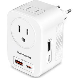 220V to 110V Voltage Converter US to Europe International Universal Travel Adapter, 20W PD With 2 USB-A 2 USB-C Port, Worldwide Power Converter Plug Combo US to Spain Italy Greece White-F