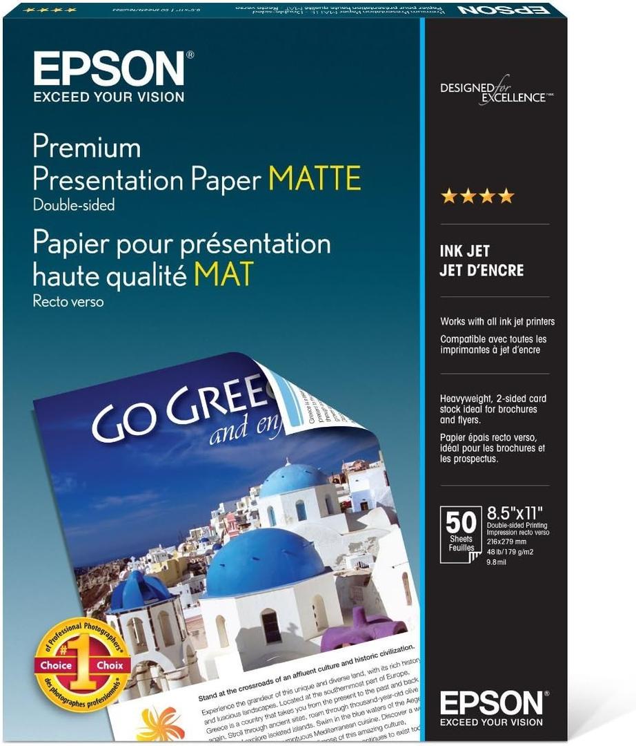 Epson Premium Presentation Paper MATTE (8.5x11 Inches, Double-sided, 50 Sheets) (S041568),Bright White