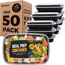 100-Piece (50-Pack) 16 OZ Meal Prep Containers Reusable with Lids, Sturdy Leakproof & Food Safe, Microwave, Freezer, Dishwasher Safe To Go Food Containers, Plastic Take Out Containers, Black