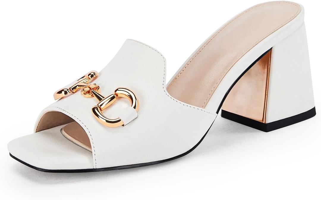 gihubafuil Women's Sandals Peep Toe Slides Chunky Heel Mules Single Band Comfort Slip-on Shoes with Metal Chain for Spring Summer (10, White)