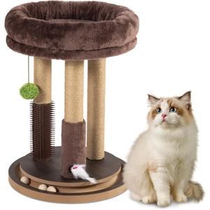 22 Inch Heavy-Duty Cat Scratching Post with Cozy Plush Bed, 3 Sisal Scratching Posts, Interactive Cat Scratcher with Grooming Brush, Hanging Pom-Pom, Track Balls & Mouse Toy for Indoor Cats