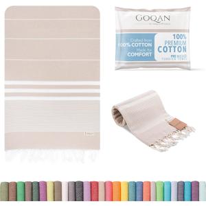 2 x GOQAN Turkish Beach Towel Oversized 39x71 | Thin, Lightweight, 100% Cotton and Sand Free Towel is Suitable for Beach, Bathroom, Pool, Travel & Swim | Odor Free Thanks to Quick Dry Property - Beige