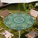 Round Outdoor Tablecloth with Umbrella Hole, Zippered Fitted Waterproof Tablecover with Elastic Edge Fits 37"-44" Round Tables for Patio Picnic Garden Camping Party, Mandala Green Pattern