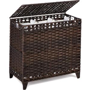 Laundry Hamper with 3 Removable Liner Bags; 132L Handwoven Rattan Laundry Basket with Lid & Heightened Feet; Clothes Hamper with Side Handles; Laundry Sorter with 3 Separate Sections (Brown) (132L (25.98x13x26.57 Inches))