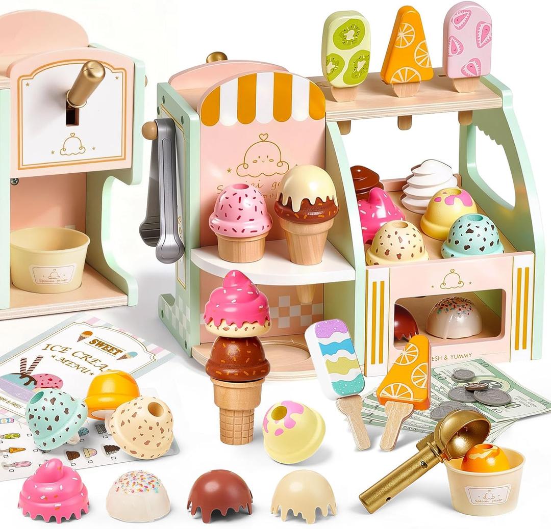 Giant bean Wooden Ice Cream Play Set, with Drop-Down Dispenser, Play Kitchen Accessories with Cones, Popsicles, Scoops, Play Money & Menu, Ice Cream Toy for Kids Ages 3+, Birthday