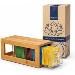 Bamboo and Acrylic Drawer Tea Bag Holder- Durable & Elegant Tea Bag Storage Holder for Kitchen Countertop, Space-Saving Tea Drawer Organizer