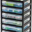 IRIS USA Fits 12" x 12" Paper, 6-Tier Scrapbook Rolling Storage Cart with Organizer for Stationery Vinyl Tools Office Art and Craft Supplies, Yarn, 6 Clear Cases w/Built in Handle - Black/Clear