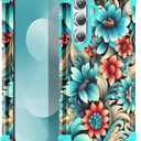 Compatible with Galaxy S25 FE Case,3 in 1 Oil Painting Flower Pattern Heavy Duty Shockproof Protection Silicone Rubber Bumper+Hard PC Protective Cover for Samsung S25 FE 6.7",Blue Flower