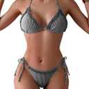 ZAFUL Women Ruffle Trim Triangle Bikini Sets Halter String 2 Piece Swimsuits High Cut Bathing Suits (X-Large, 0-black)