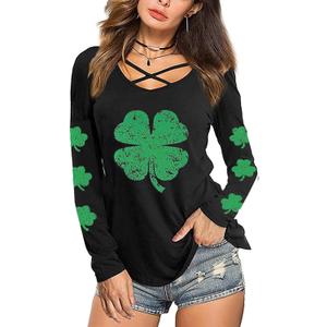 Roshop St Patricks Day Shirts Women Criss Cross V-Neck Holiday Long Sleev Lucky Irish Shamrock Party Shirt (Medium, Black Kelly Green E)