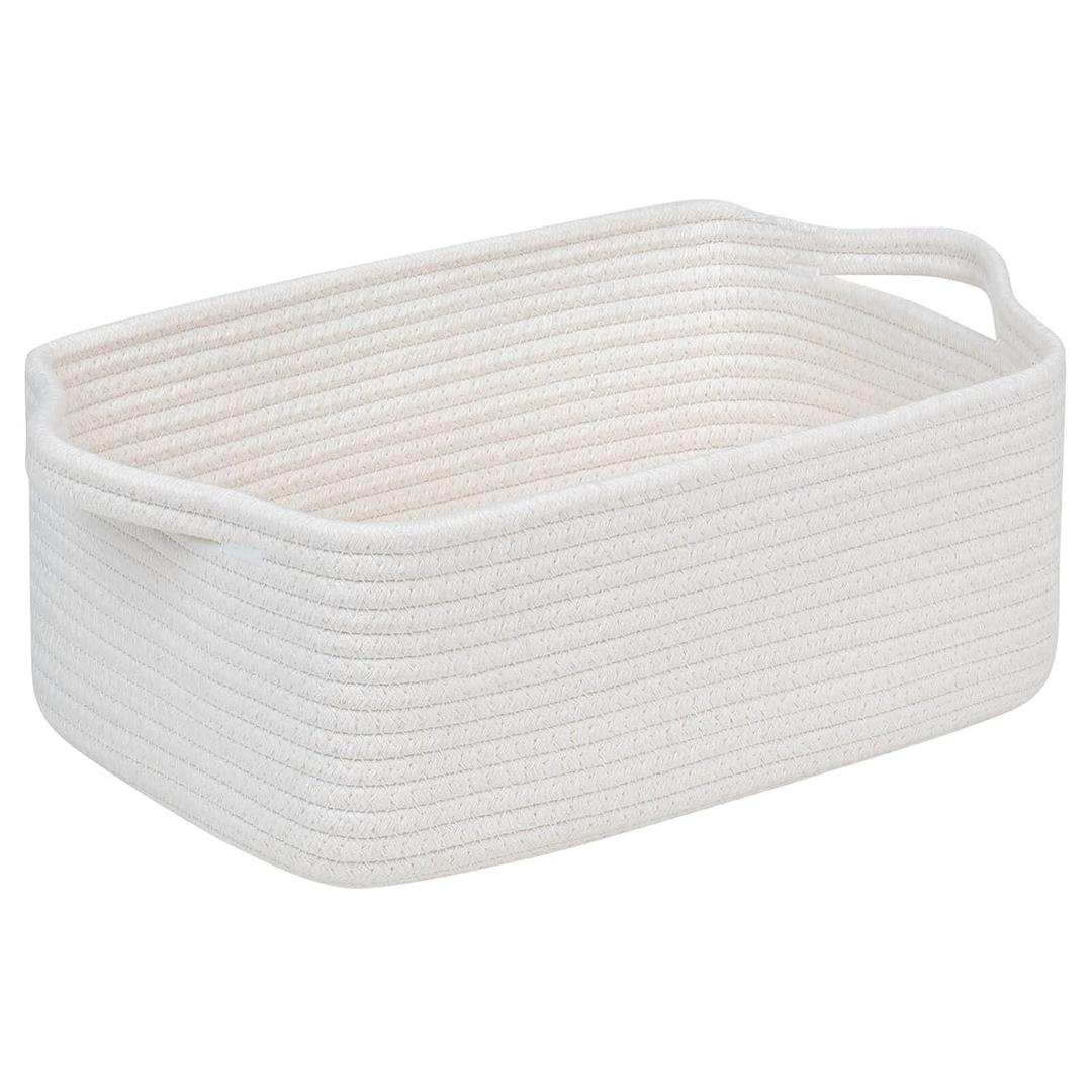 CubesLand Cute and Durable Small Cotton Rope Basket for Organizing, Woven Closet Storage Bin,Shelves Closet Storage Basket, Bathroom Storage Organizer Bin, Nursery Toy Basket Bin, White Basket (14''x10''x5'')