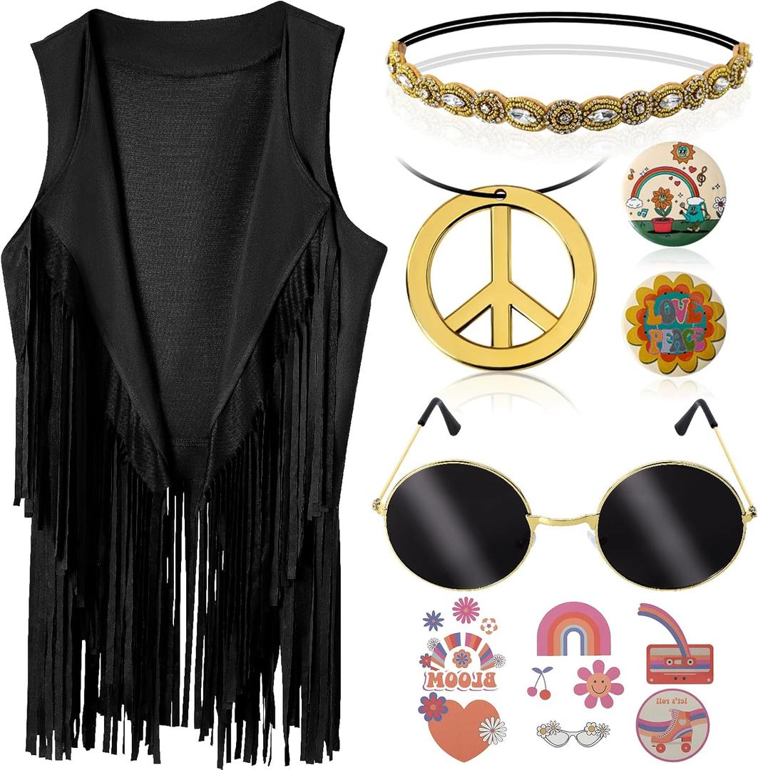 60s 70s Outfits for Women Hippie Costume Clothes Set 70s Costume Tops Women Fringe Hippie Vest for Halloween (X-Small)