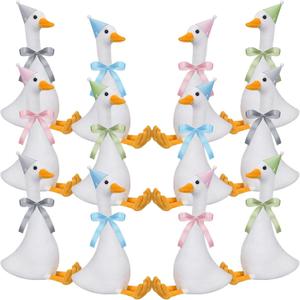 Blueweenly 12 Sets 11.8 Inch Silly Goose Birthday Decor Girl Boy 1st Adopt a Goose Party Favor Gift Plush Stuffed Animal with Mini Party Hat and Ribbon for Christmas Birthday Gift