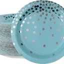 Ottin Blue and Silver Foil Dots Party Paper Plates 9'' Disposable Dinner Plates 120 counts for Birthday Party Wedding Decorations Bridal Shower Graduation Engagement