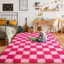 Fluffy Area Rug for Bedroom 5x7, Modern Indoor Shag Carpet, Soft Plush Non Slip Checkered Rugs for Living Room Kids Room Home Decor, Hot Pink