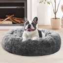 JOLLYVOGUE Calming Small Dog & Cat Bed for Indoor Cats - 20 inches Washable Donut Bed for Kittens & Puppies, Anti-Anxiety Round Fluffy Plush Pet Beds (Fits up to 15 lbs, Smoke Black)