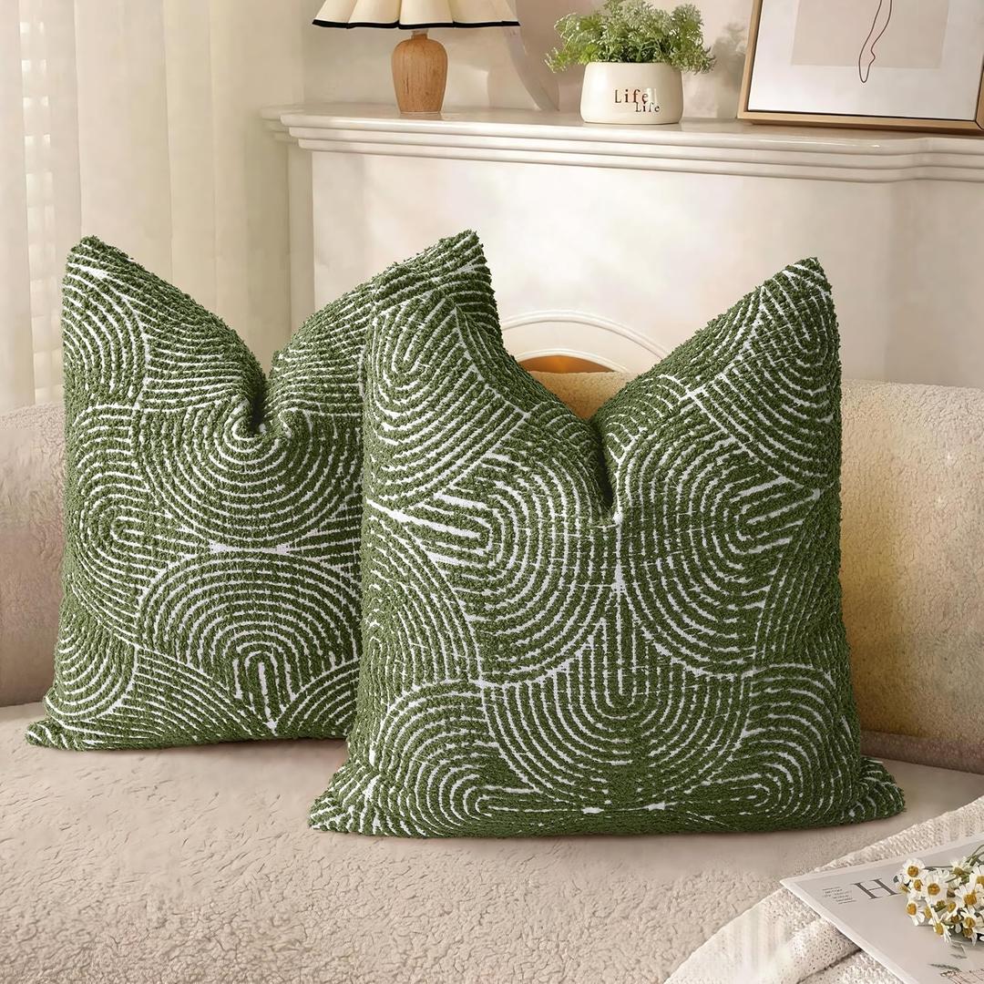 AELS Boho Decorative Textured Throw Pillow Covers 18"x18", Modern Mid Century Rainbow Tufted Pillow Case, Farmhouse Rustic Geometric Woven Cushion Case for Bed Couch Sofa, Olive Green