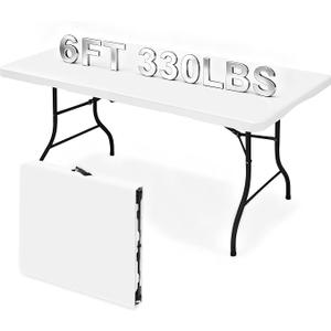 6ft Folding Table, Portable Fold-in-Half 6 Foot Foldable Table, Table of Utility Dining Indoor Outdoor with Carrying Handle for Camping Picnic and Party, White