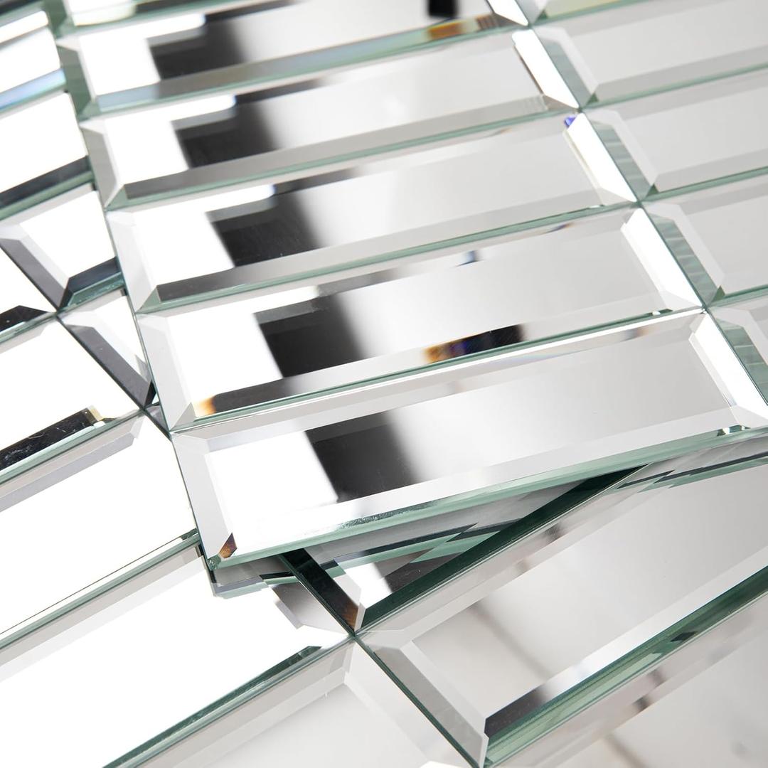 Peel and Stick Mirror Glass Mosaic Tile Self Adhesive 12 x 12 Inch Strip Beveled Mirror Tiles for Kitchen Backsplash Bathroom Wall(5 Sheets, Silver)