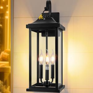 23 Dusk to Dawn Outdoor Lighting Extra Large 1 Pack, 3-Light Candelabra Front Porch Light with Photocell Sensor Outside Wall Sconce Modern Exterior Lighting Fixture Carriage Light, E12 (Matte Black)