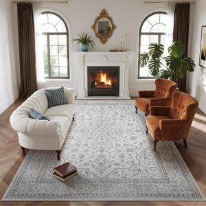 8x10 Washable Area Rug, Soft Area Rugs for Living Room, Non Slip Backing,Short-Pile&Durable Edge Binding, Stain Resistant, The Large Carpet for Bed Room, Dining Room,Office,Playroom (Grey-cream-white-light Blue)