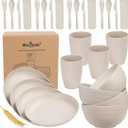 Klickpick Home 28 Pieces Wheat Straw Dinnerware Set with 4 Each of Dinner Plates Cereal Salad Bowls Cups Flatware's Unbreakable Modern Dinner Set for Microwave Dishwasher Safe Reusable- Beige