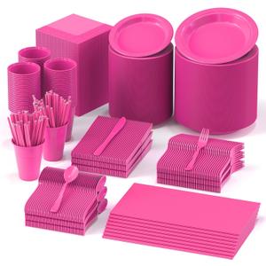 808 Pieces Disposable Plastic Dinnerware Set, Plastic Cutlery Set Includes 100 Of Each Dinner Plates|Dessert Plates|Cups|Napkins|Straws|Spoons, Forks & Knives (Hot Pink, 808PCS100 Guests)