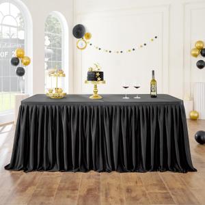 Leegleri Black Polyester Table Skirt for Rectangle Tables 8ft, Wrinkle Resistant Pleated Ruffle Table Cloth for Banquet,Wedding,Trade,Baby Shower,Display Gift Dining Table(Tablecover Not Include), 108inch(L)×30inch(H)