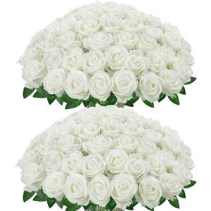 InnoGear 100 Pcs White Roses Artificial Flowers, Fake Velvet Silk Rose Bulk Faux Flower for Decoration DIY Wedding Centerpieces Proposal Bridal Bouquets Shower Party Home Floral Decor (100, White)