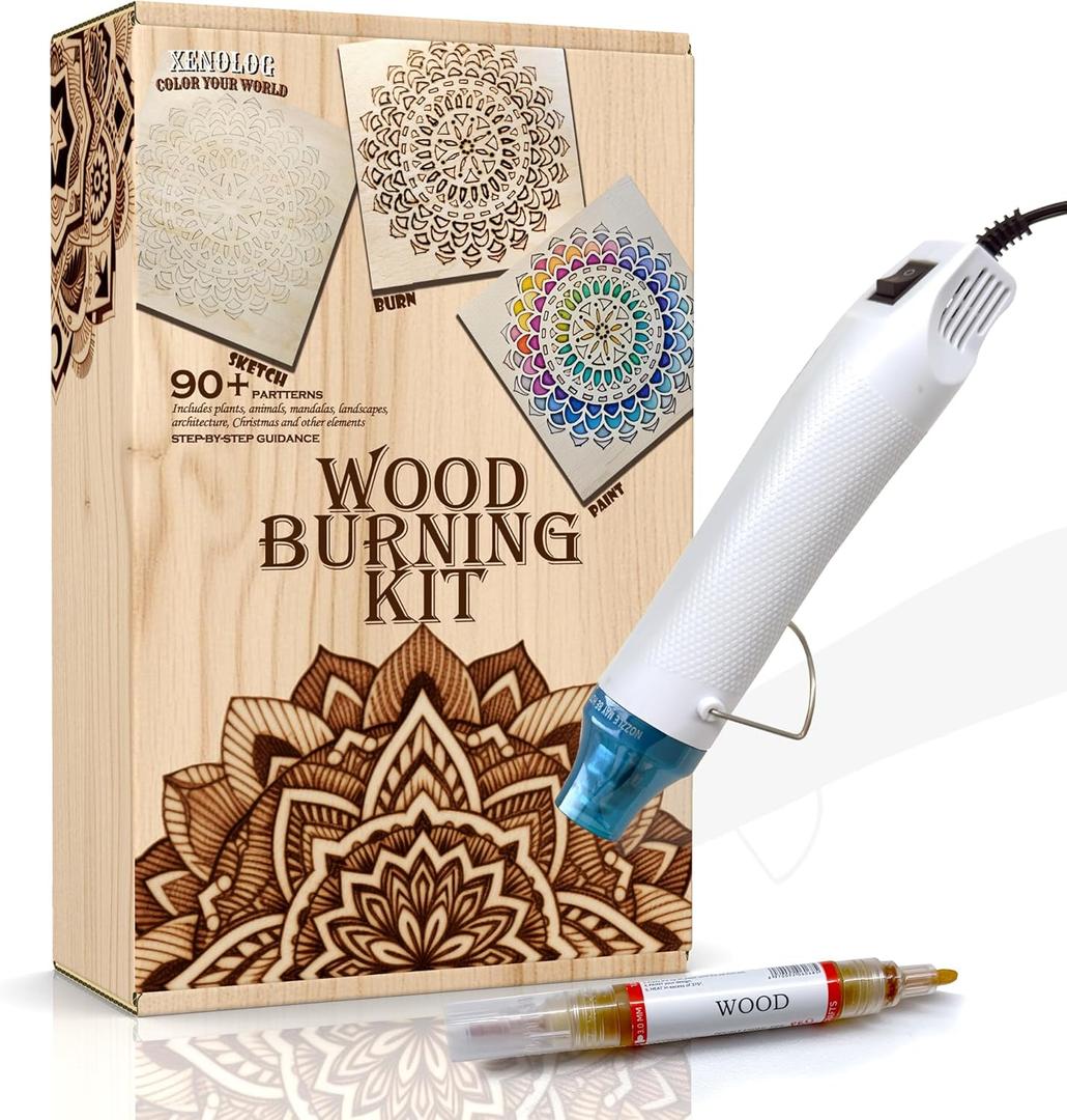 Xenolog Beginner-Friendly Wood Burning kit with Markers, Heat Gun, Wood Slices, Stencils, Pencil, Transfer Paper & plaques - Ideal Gift for Artists, DIY Lovers & Teens