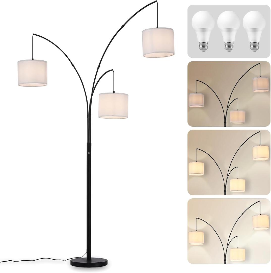 DLLT Modern Floor Lamp for Room: 3-Light Black Tree Dimmable Floor Lamps with White Shades for Living Room - Arc Standing Lamp for Bedroom - Tall Floor Lamp for Office Corner 3 LED Bulbs Included