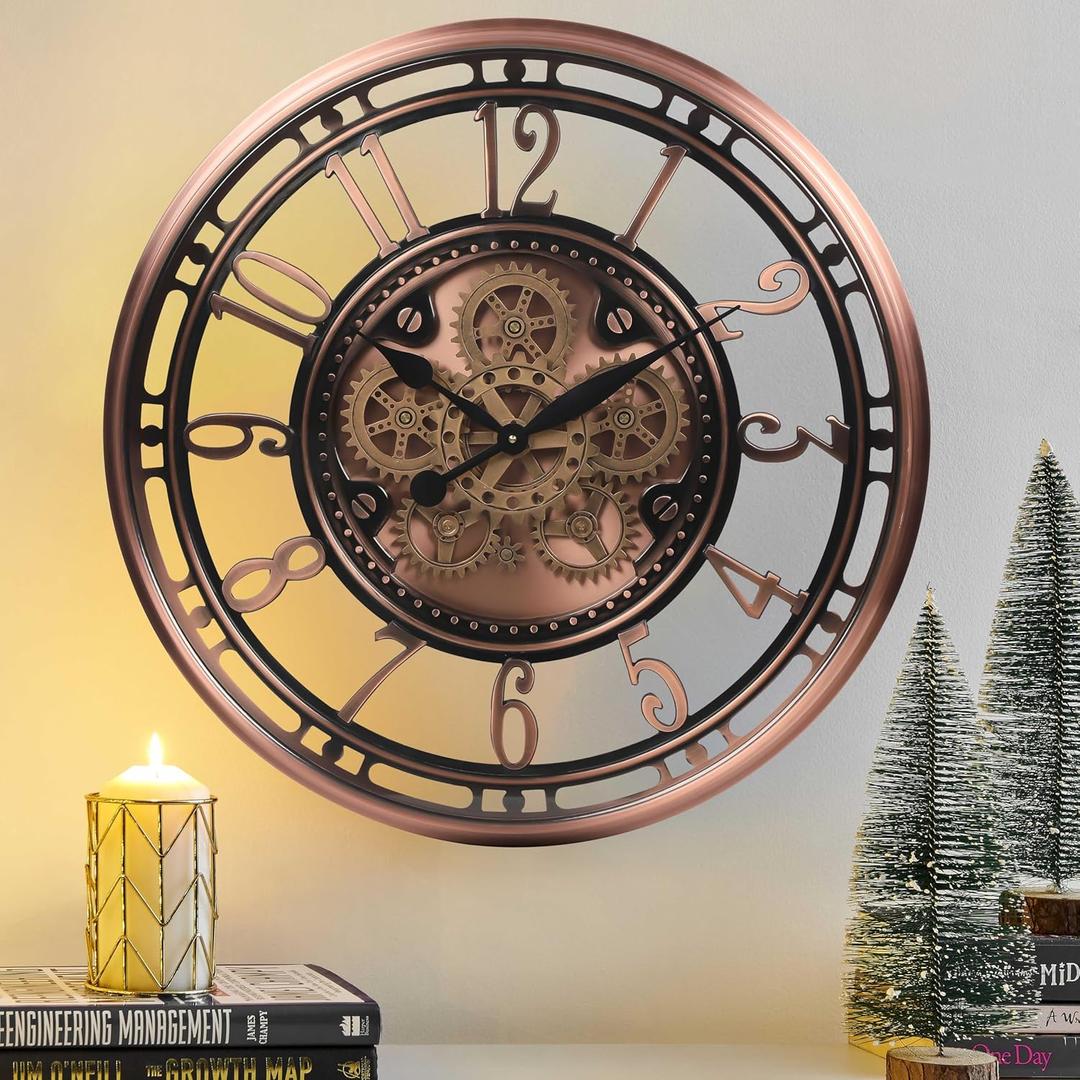 CLXEAST 28 Inch Oversized Large Moving Gear Wall Clock for Living Room Decor,Modern Farmhouse Decorative Wall Clocks Battery Operated,Rose Gold,House Warming Gifts New Home (Copper)