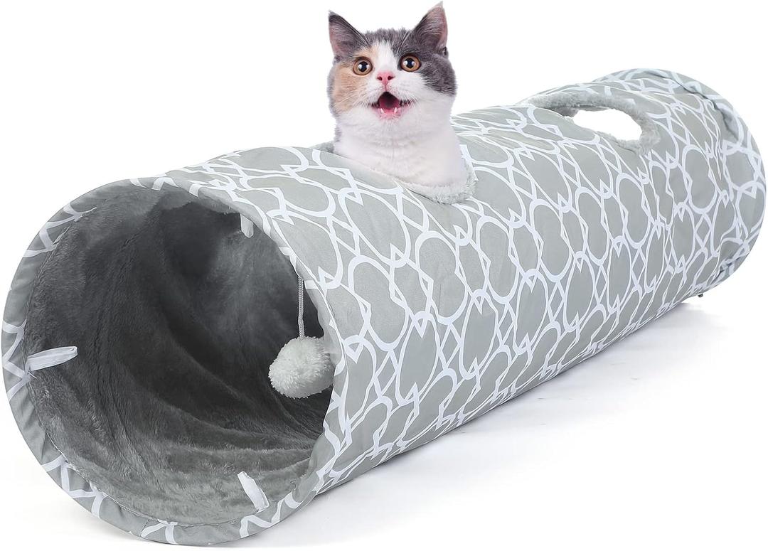 LUCKITTY Geometric Straight Cat Tunnel with Plush Inside,Cats Toys Collapsible Tunnel Tube with Balls, for Rabbits, Kittens, Ferrets,Puppy,Diameter 11.8 Inch