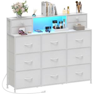 White Dressers for Bedroom with Power Outlets and LED Lights 13 Drawers Dresser Faux Leather Fabric Chest of Drawers for Bedroom Living Room Hallway Entryway Closets Sturdy Frame Wood Top, 47.3"D x 18.5"W x 39.4"H
