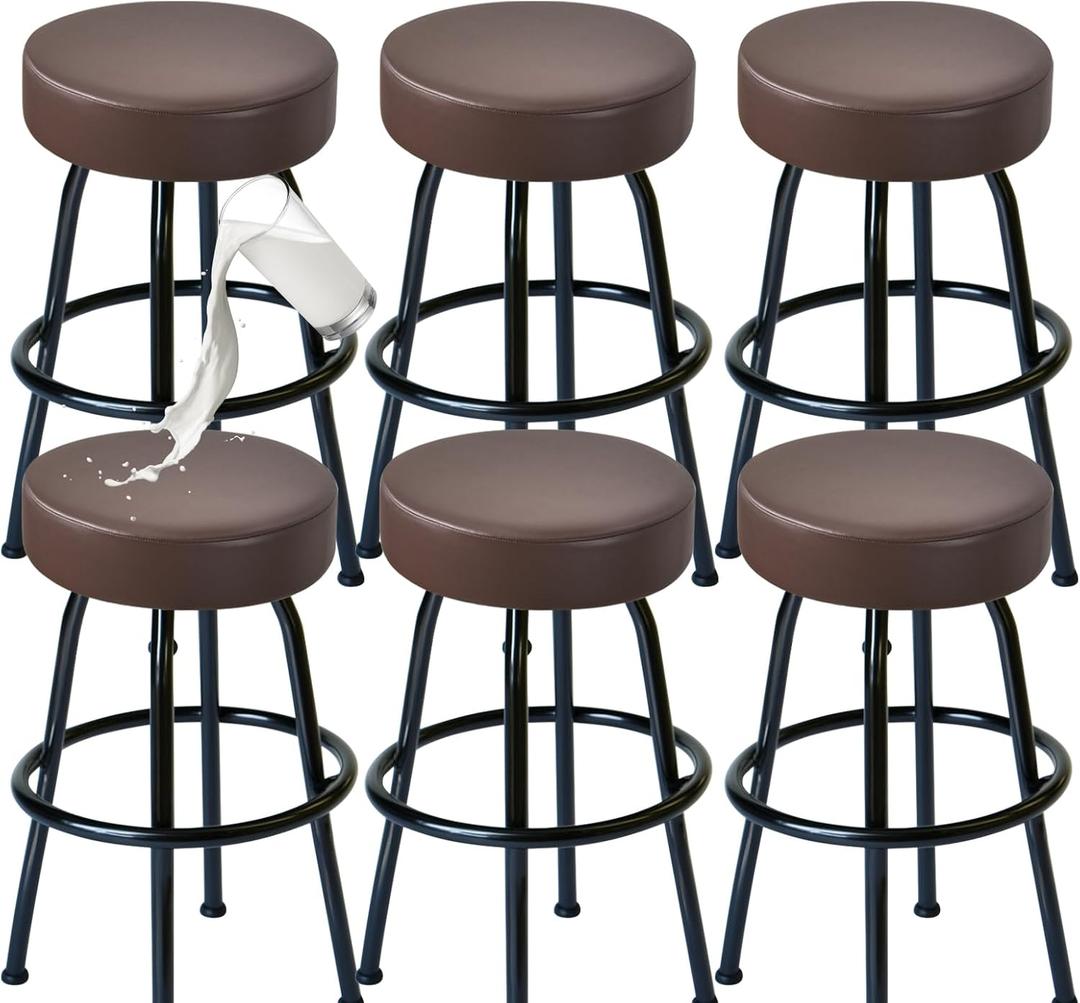 FUANGUI Bar Stool Covers Round Set of 6, Waterproof PU Bar Stool Seat Covers,Bar Stool Chair Covers Washable Stool Cushion Slipcover for 16-18 Inch - Coffee