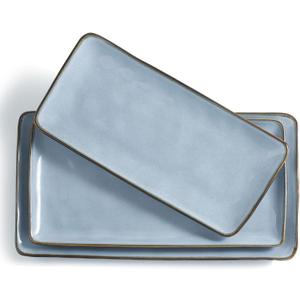 Famiware Serving Platter, Rectangular 15.67/14.1/12.6 inch Serving Dishes for Entertaining, Microwave Dishwasher Safe, Stonware Serving Trays for Party, Turkey, Cheese, Ocean Series, Blue