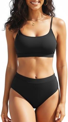 Tempt Me Women High Waisted Bikini Set Athletic Two Piece Swimsuits Sporty High Cut Bathing Suit with Scoop Neck, Medium