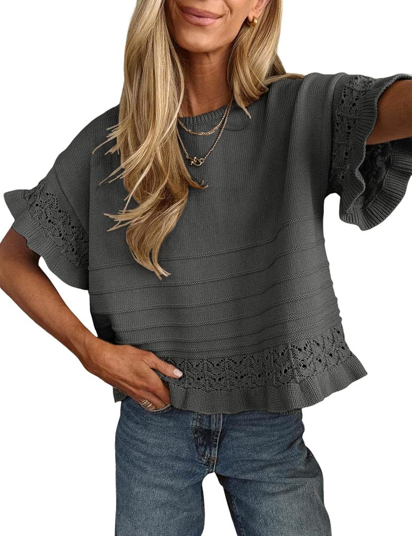 Yeokou Womens Short Sleeve Sweater Round Neck Ruffled Hem Knit Crochet Pullover Summer Fall Casual Top Blouse (Small, Darkgray)