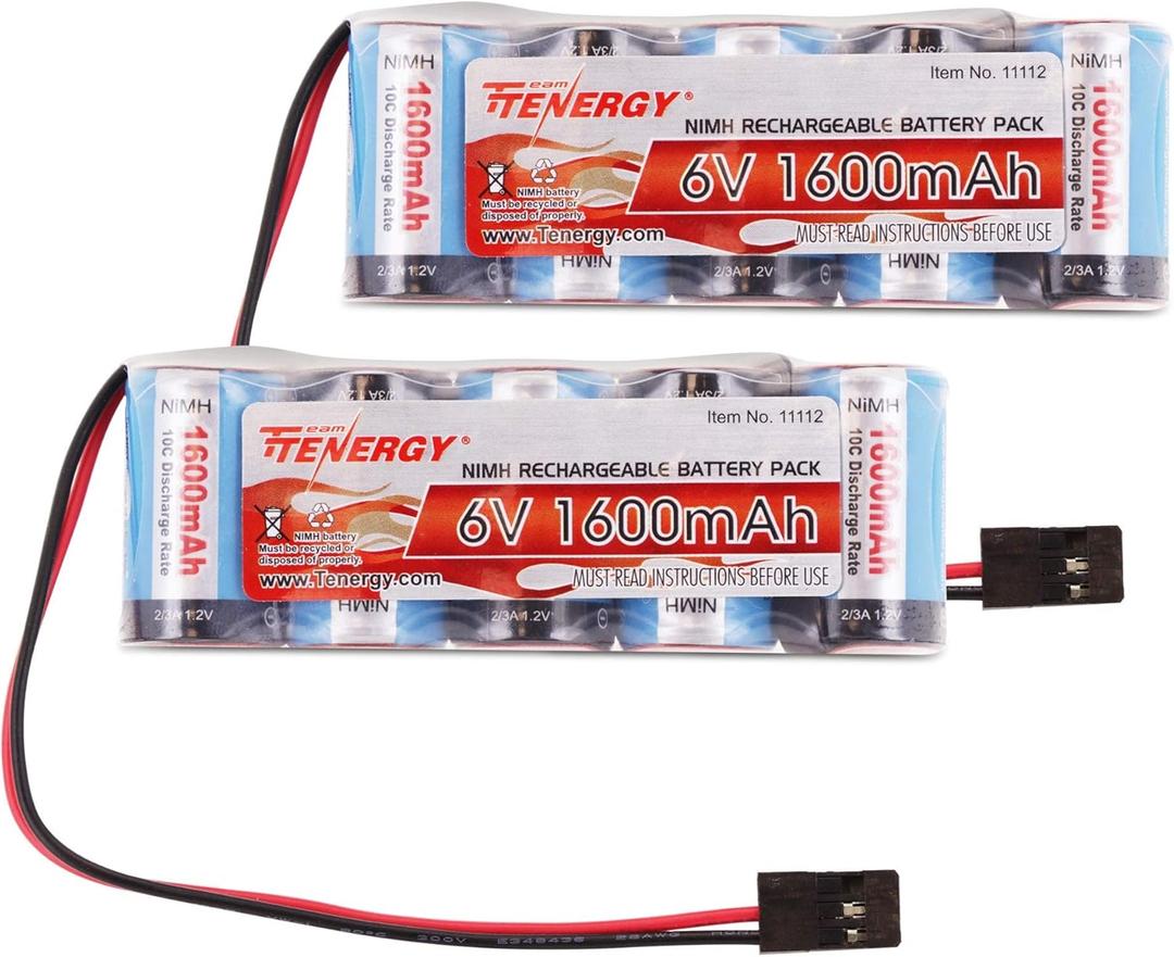 Tenergy 2 Pack Receiver Battery, 6V NiMH Rechargeable RC Battery Pack with Hitec Connector, 1600mAh High Capacity Side by Side 5C Flat RX Battery for RC Vehicles