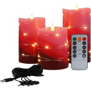 Flashless Candle Rechargeable LED Light String USB Power Remote Control Electronic Candle Light 3-Piece Set (Gradient Red)
