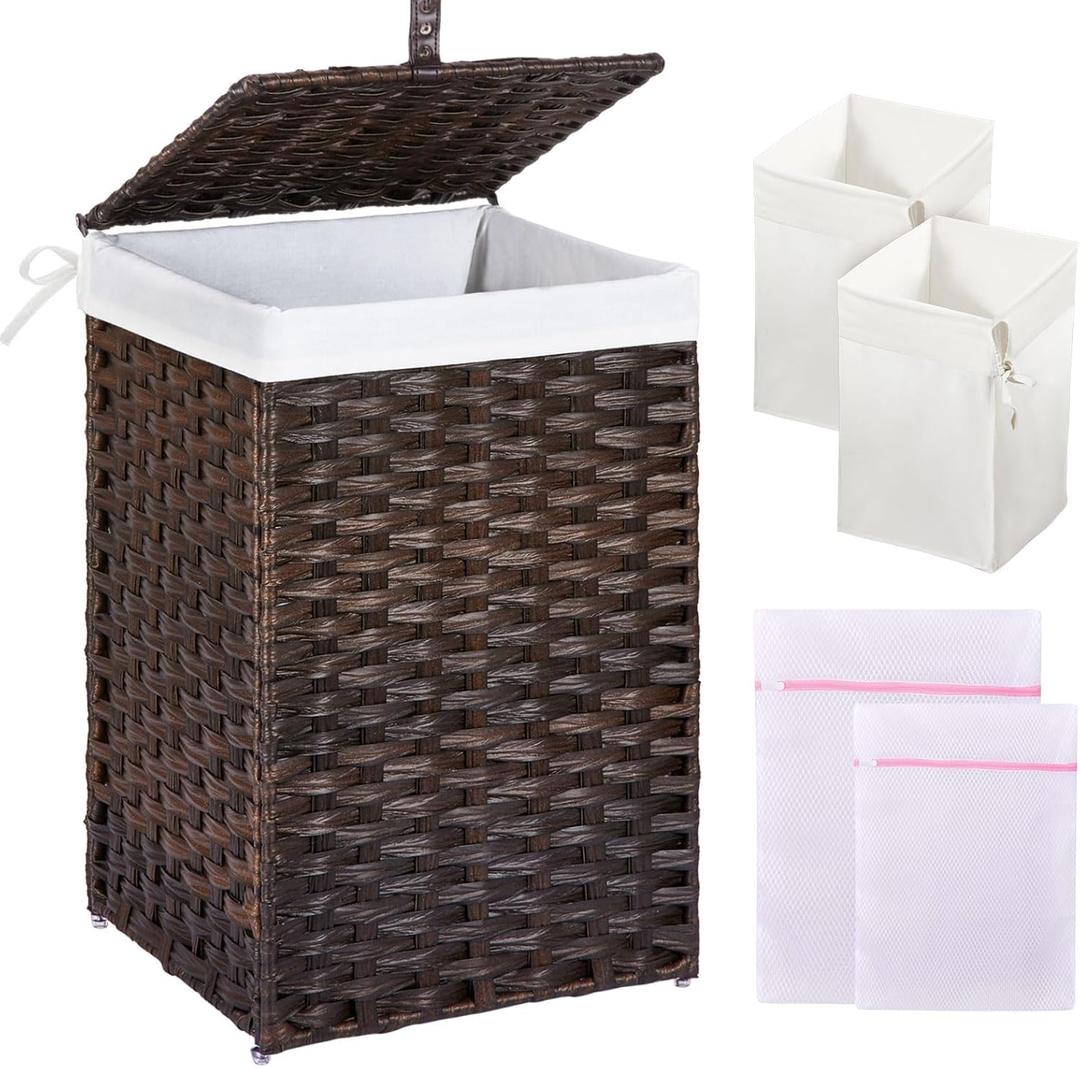 Greenstell Laundry Hamper with Lid, 60L Clothes Hamper with 2 Removable Liner Bags & 2 Mesh Laundry Bags, Handwoven Synthetic Rattan Laundry Basket for Clothes, Toys in Bathroom, Bedroom Brown (60L (13.4 x 13.4 x 21.7 inches))